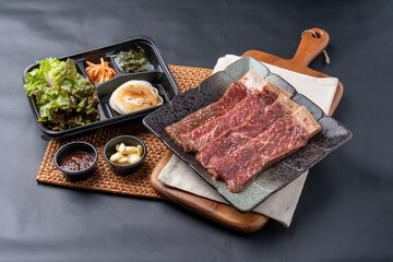 beef, ribs, seasoning, pork, Korean food, grilled meat, grill, side dish, lettuce, onion, garlic, vegetables