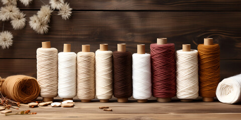Production of clothing and fabrics from cotton coil with threads Different types of threads on wooden background and surface. Ai Generative - obrazy, fototapety, plakaty
