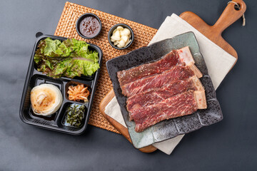 beef, ribs, seasoning, pork, Korean food, grilled meat, grill, side dish, lettuce, onion, garlic, vegetables