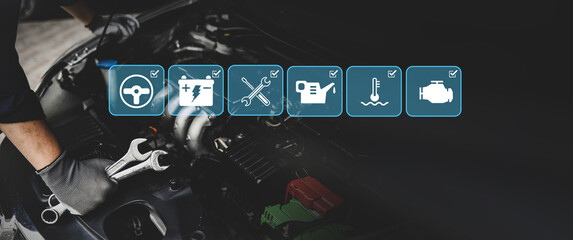 Car care maintenance servicing, Technician auto mechanic using wrench with car service icon to fix...