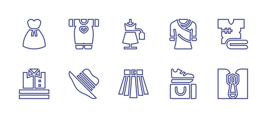 Fashion line icon set. Editable stroke. Vector illustration. Containing dress, clothes, fashion, baby clothes, sari, zipper, skirt, hat, shopping bag.