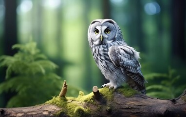 realistic photo Giant gray white owl standing on natural environment bokeh background. generative ai