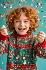 Child with red hair is wearing colorful sweater and holding confetti in both hands.