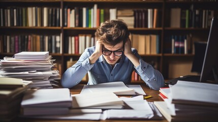 Worried man at office desk full with books and papers being overloaded with work. Person experiencing exhaustion, physical and mental fatigue. Mental health concept.