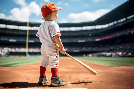 Boy baseball player holding a baseball bat standing on the field. Battery baseball players in the stadium. Hitting a home run. Dream sport. copy space. Soft focus and blurred background.