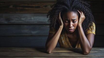 Depressed black skin woman with head bowed. Depression, loneliness and mental health concept.