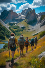 Group of five people are hiking up mountain with backpacks on their backs.