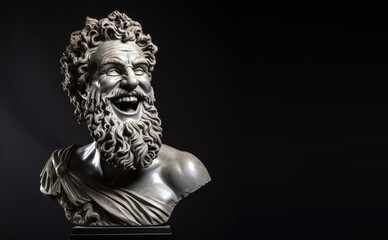 Fototapeta na wymiar Statue of antique greek god with beard isolated on a black background. Copy space for text, advertising, message, logo