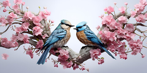 Whimsical Floral Birds Cute Sublimation Garden Birds on the tree branch with pink Spring Flowers and bright background Ai Generative