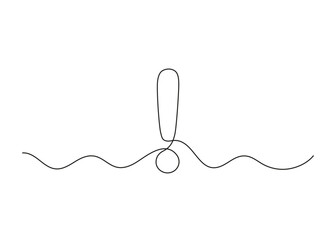 Exclamation mark, one line continuous drawing. Simple minimalism design style, linear background with exclamation sign. Warning, attention, danger, risk image message. Vector outline