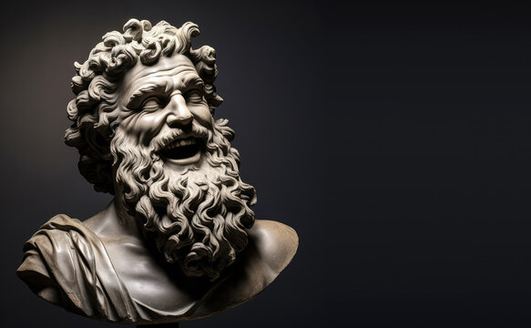 Statue of antique greek god with beard isolated on a black background. Copy space for text, advertising, message, logo
