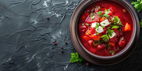 Classic Borscht in a Traditional Clay Bowl. Rich and hearty borscht garnished with fresh parsley, served in an earthenware bowl, embodying the essence of Eastern European cuisine, copy space.