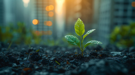 a plant growing with building background - Powered by Adobe