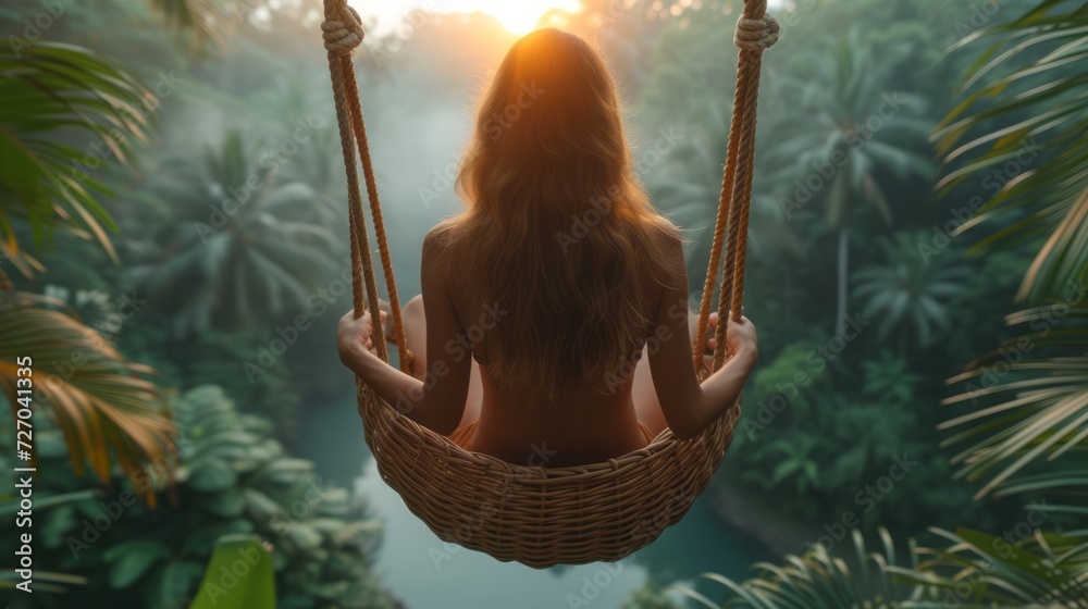 Wall mural tourist woman swing on wicker rattan hang chair in the jungle, nature view