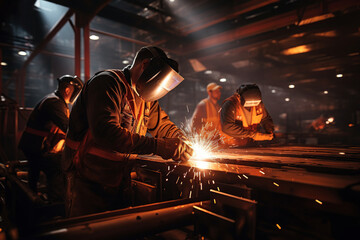 Workers are engaged in welding operations, creating bright sparks while joining metal beams in an industrial setting at night.