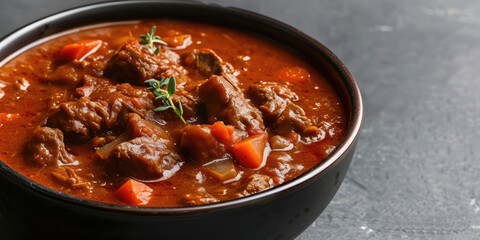 Hearty Goulash Soup in Ceramic Bowl. Savory goulash with tender beef and carrots, garnished with fresh thyme, served in a stylish ceramic bowl.