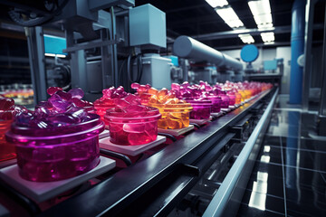 Jelly candies being processed on a sophisticated conveyor belt system in a contemporary manufacturing