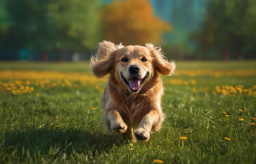 Golden dog playing in the garden, bright blurred background