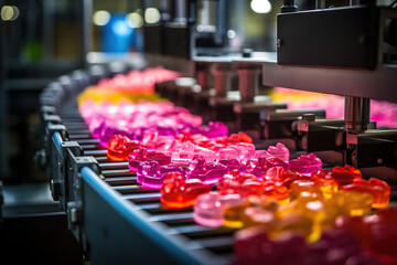 Jelly candies being processed on a sophisticated conveyor belt system in a contemporary manufacturing
