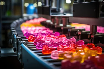 Poster Jelly candies being processed on a sophisticated conveyor belt system in a contemporary manufacturing © Viktoriia
