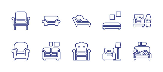 Sofa line icon set. Editable stroke. Vector illustration. Containing armchair, sofa, chaise longue, livingroom, stool, fatigue, rest.