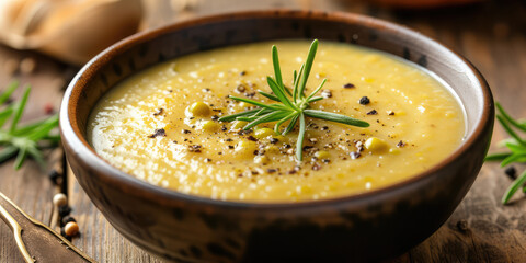 Homemade Split Pea Soup with Fresh Herbs. Vibrant split pea soup garnished with chopped herbs and freshly ground pepper, served in a bowl.