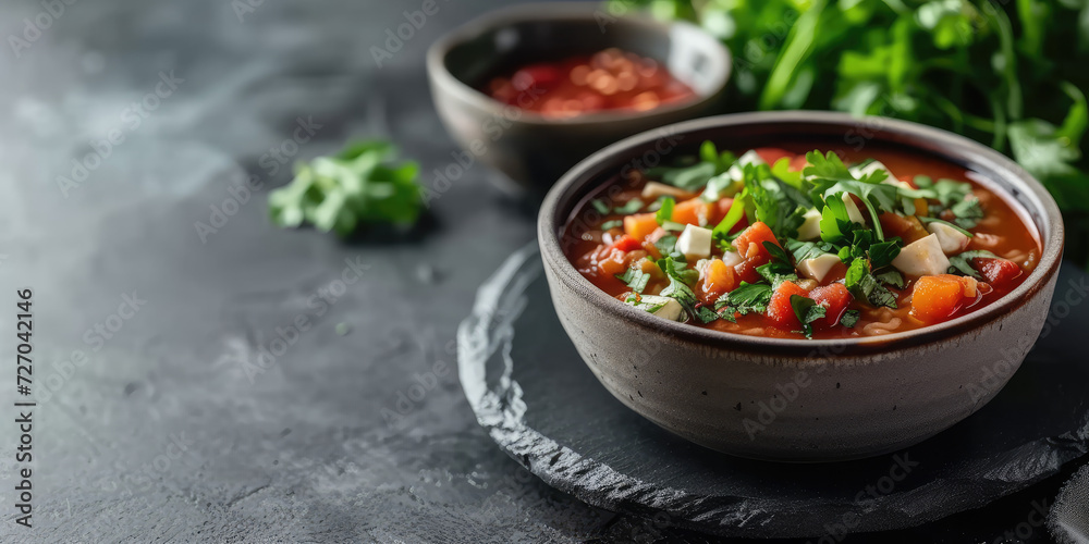 Wall mural vibrant tortilla soup with fresh herbs. fresh and colorful tortilla soup topped with basil and parsl