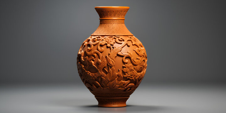 ancient terracotta jar with ornate floral pattern, Soft clay pot vase, 

