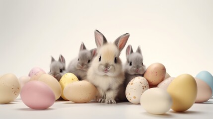 Set of cute rabbits and Easter eggs on white background