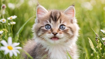 Naklejka na ściany i meble Adorable kitty in an outdoor scene; sweet grass creates a wonderful summer backdrop.