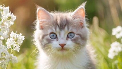 Cute cat in a green meadow; sweet flowers create a pretty spring wallpaper.
