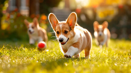 Funny little corgi puppies are running on the lawn, on the green grass, running after the ball, the bright sun is shining