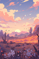 Fototapeta premium Vast desert desert sunset scenery, desert travel adventure scene illustration
