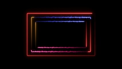  Rectangle neon light glowing red, pink, orange color neon frame illustration. Black background colorful neon frame rectangle 4k illustration.