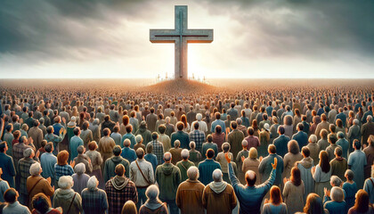 A large crowd of diverse people gather in front of a giant cross under a dramatic sky depicting a scene of collective faith and worship. Church holidays concept. AI generated.