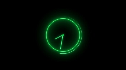 Clock icon neon light 24 Hour Day Fast Speed. Turquoise circle digital and analog clock neon looped black background 4k illustration.