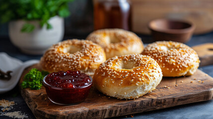 Freshly baked bagels with a creamy and luscious cheese cream spread, topped with dollops of flavorful jam. A mouthwatering combination of savory and sweet, these homemade delights are perfec - obrazy, fototapety, plakaty