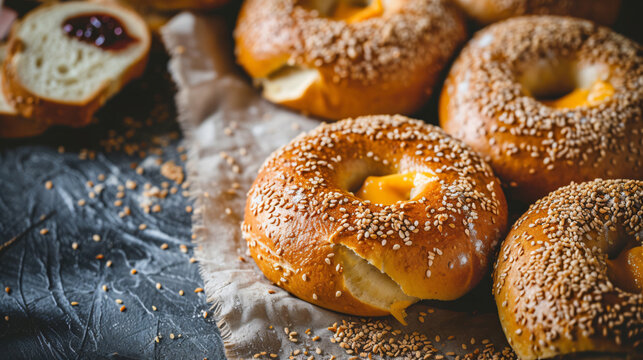 Freshly baked bagels with a creamy layer of cheese smothered in a delectable spread of sweet and tangy jam. A delightful combination of flavors set against a warm, homemade bread background.