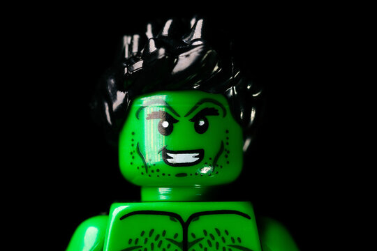 Face of LEGO Marvel's Incredible Hulk on the black background