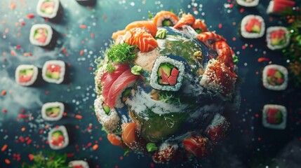 Planet earth made of sushi. View from space to earth. Sushi universe 