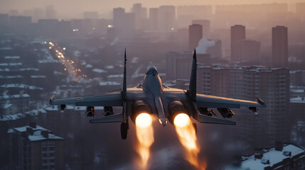 Fighter jet flies over the city