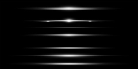 Set of white light lines, neon horizontal stripes of light. Glowing rays of flare and flare. On a black background.