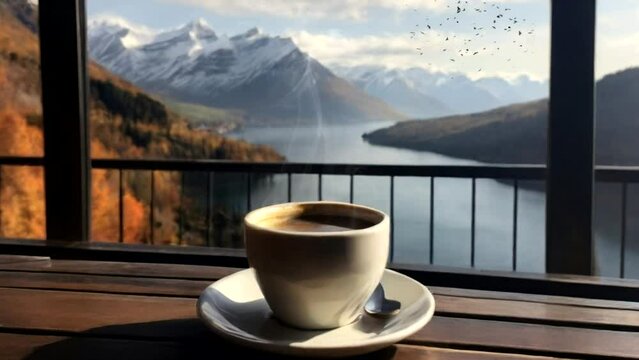 3d animation of hot coffee with beautiful mountain view.4k seamless loop video