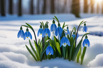 Blue snowdrops in melted snow under the rays of the bright spring sun, against the backdrop of the forest. photo express feeling of spring and warmth.