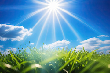 Green meadow with grass, blue sky and sun rays. Suitable for spring and summer background.