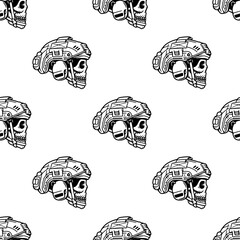 SKULL WITH A TACTICAL MILITARY HELMET LOGO BLACK SEAMLESS PATTERN WHITE BACKGROUND
