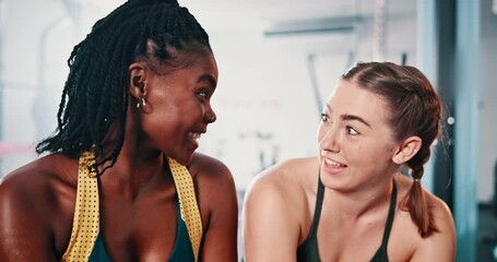 Gym friends, cellphone and people talk about online fitness routine, sports and woman consulting partner on exercise article. Phone, conversation and relax team post training to social network app