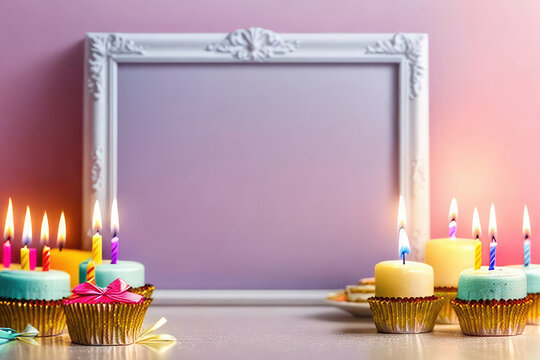 A decorative frame in the center of the photo and lots of candles, cakes, and birthday gifts. Holiday concept, free space for text in the center.