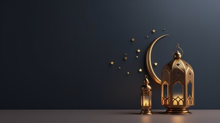 3d render of isolated Islamic background with ramadan lantern, crescent and golden pedestal. Mockup for greeting cards for ramadan kareem, mawlid, iftar, isra miraj, eid al fitr adha. 3D Illustration, - obrazy, fototapety, plakaty