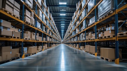 Fototapeta premium Retail Warehouse full of Shelves with Goods in Cardboard Boxes, Logistics, Sorting and Distribution Facility for Product Delivery, It is a warehouse of a large-scale shopping center, generative ai